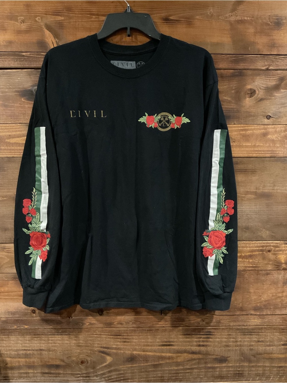 MENS CIVIL REGIME Black Long-Sleeve Tee Rose/Stripe detail on both sleeves